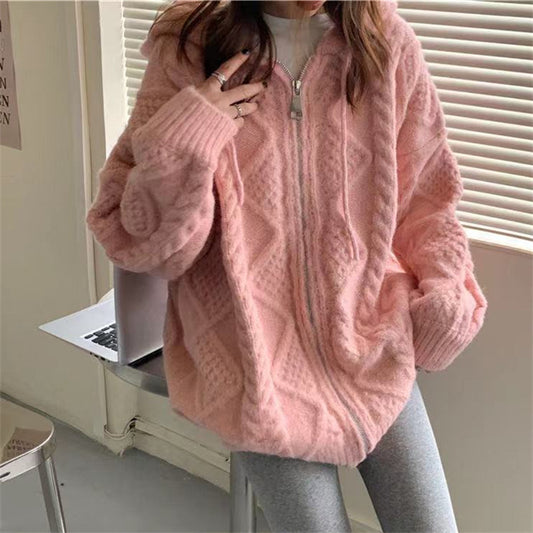 Leisure Lazy Style Hooded Zipper Knitting Sweater