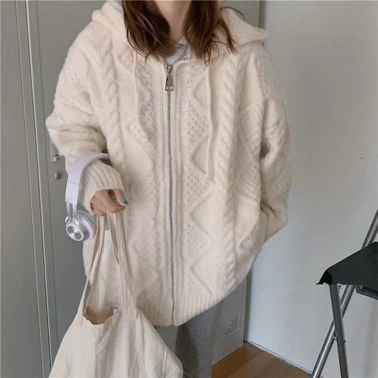 Leisure Lazy Style Hooded Zipper Knitting Sweater