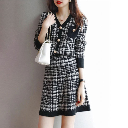 Women's Winter Plaid Long Sleeve Two Piece Skirt Set