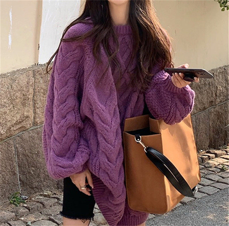 Loose Round Neck Pure Color Mid-Length Knitwear