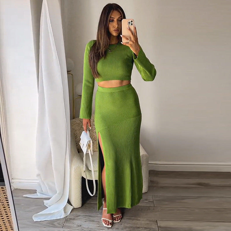 Pure Color Crop Top And Long Skirt Women's Suit