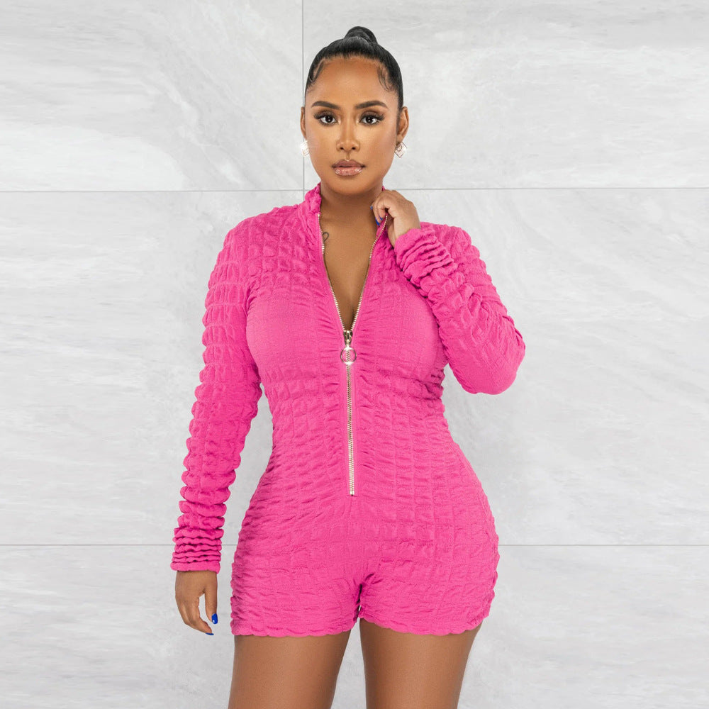 Tight Pure Color Zipper Long Sleeve Rompers