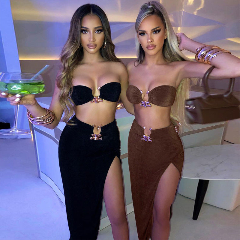 Sexy Strapless Tank Top Ans Slit Maxi Skirt Sets