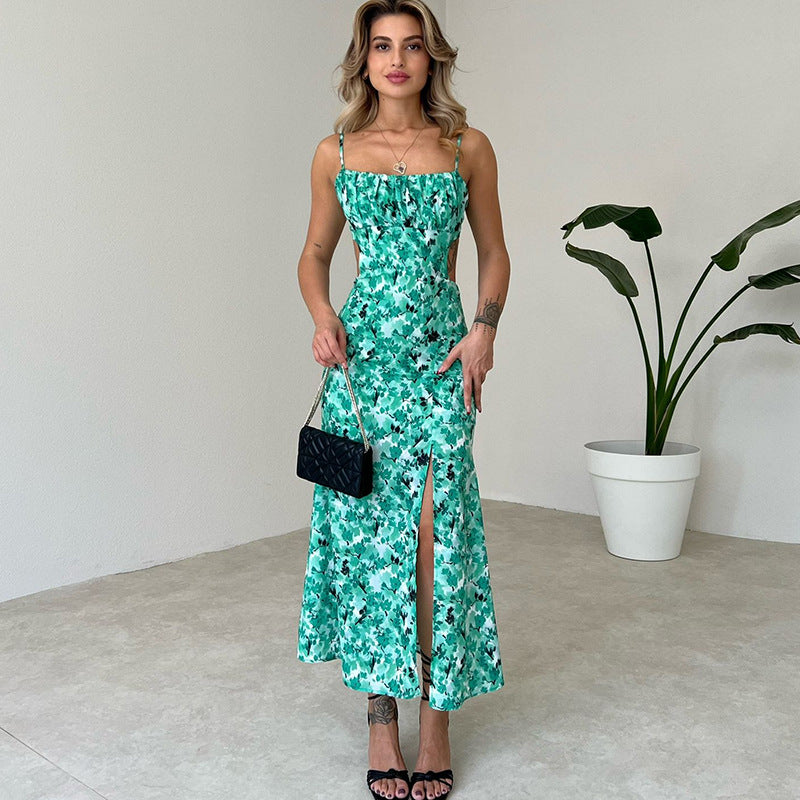 Summer Printing Sleeveless Slit Midi Dress