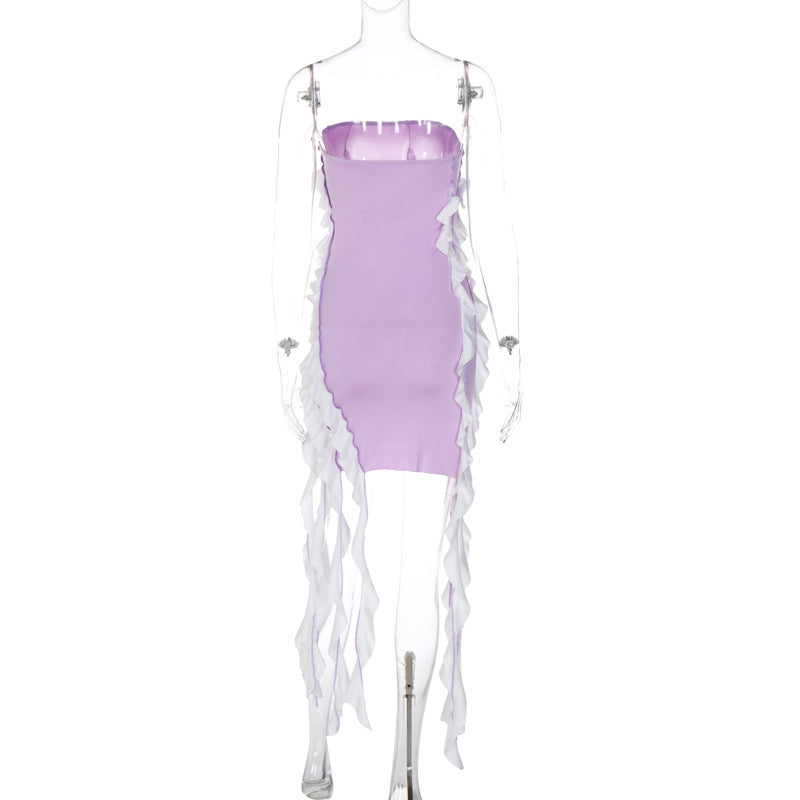 Ladies Purple Strapless  Patchwork Sleeveless Dress
