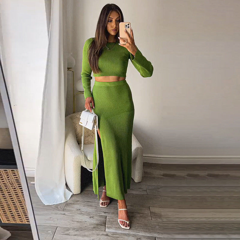 Pure Color Crop Top And Long Skirt Women's Suit